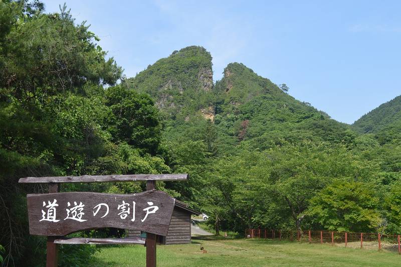 緑の山が真ん中で割れたように見える佐渡金山の道遊の割戸と木の案内板